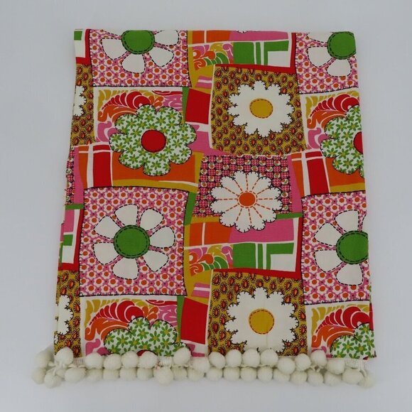 Retro 2 Curtains Pink White Yellow Orange Floral Flower Patchwork Pom Pom Trim - Picture 2 of 8